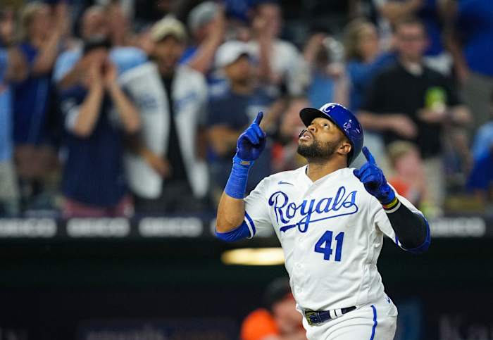 Jun 9, 2022; Kansas City, Missouri, USA; Kansas City Royals first baseman Carlos Santana (41) celebrates after hitting a home run against the Baltimore Orioles during the fifth inning at Kauffman Stadium. Mandatory Credit: Jay Biggerstaff-USA TODAY Sportsf